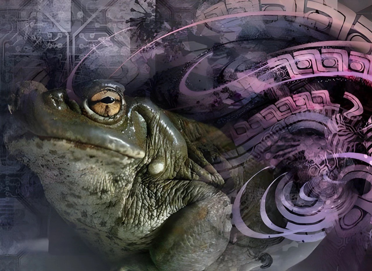 The sacred Bufo toad amid ceremonial patterns